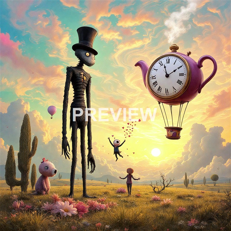 A surreal scene featuring a tall, slender figure with a top hat and elongated limbs, alongside whimsical creatures and a floating teapot-shaped clock in a vibrant, fantasy landscape at sunset.